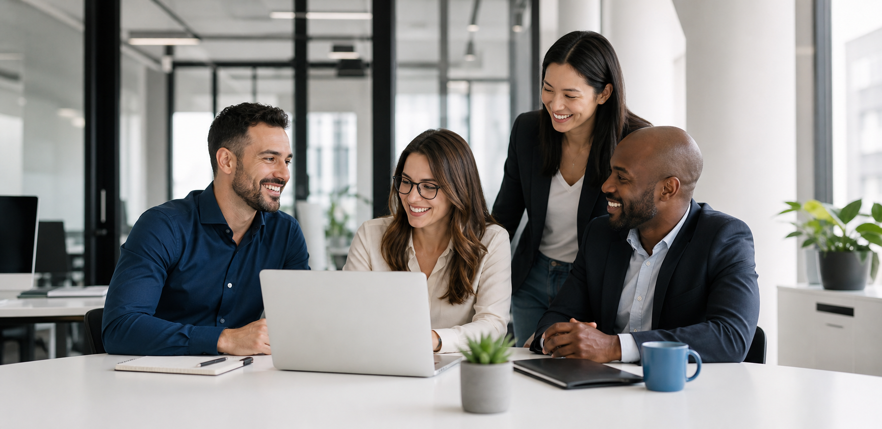 Smiling professionals collaborating around software in a bright office
